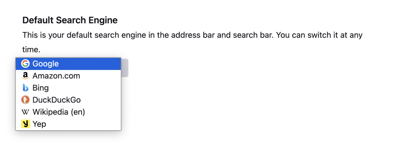 Firefox default search engine selection