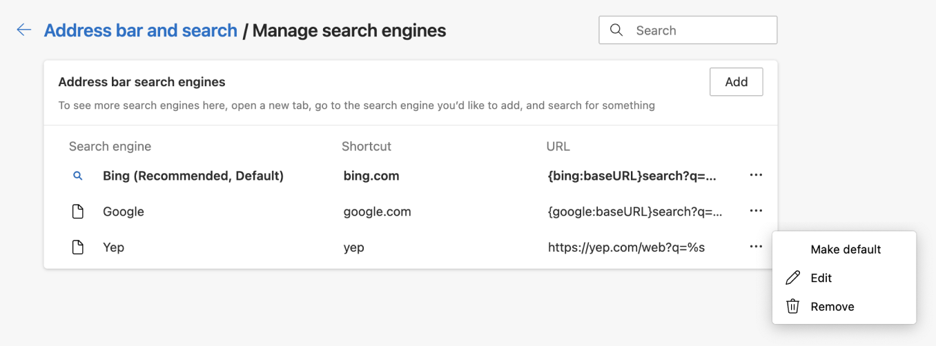 Microsoft Edge search engine settings