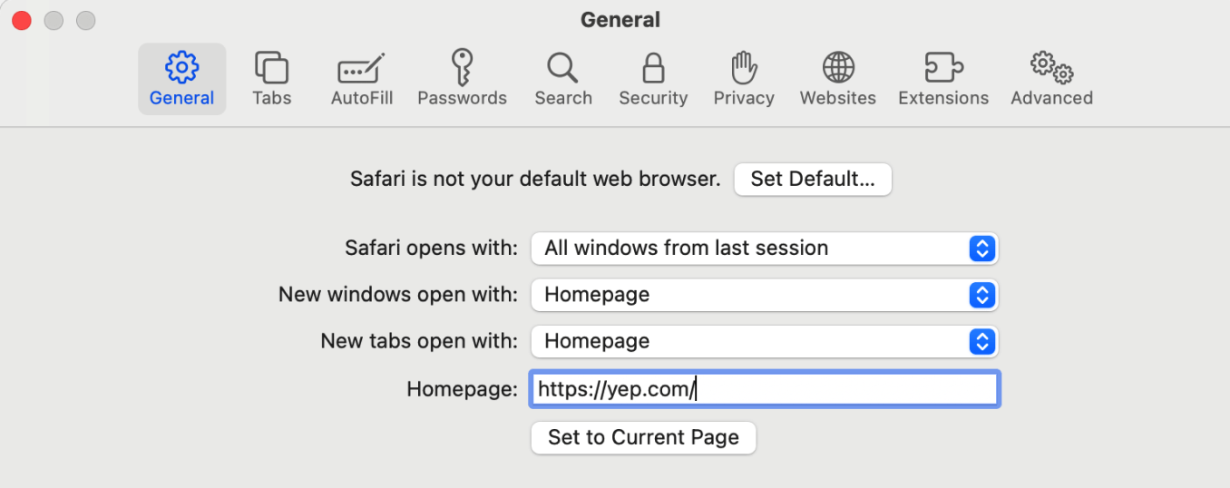 Safari homepage settings